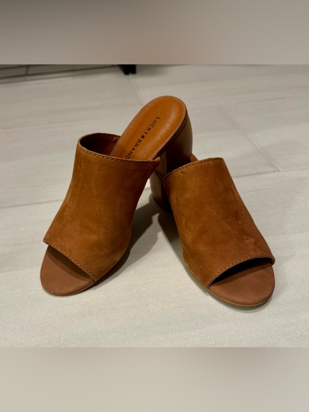 Lucky Brand Tan Suede Open-Toe Block Heel Mules, Size 7.5 or 38